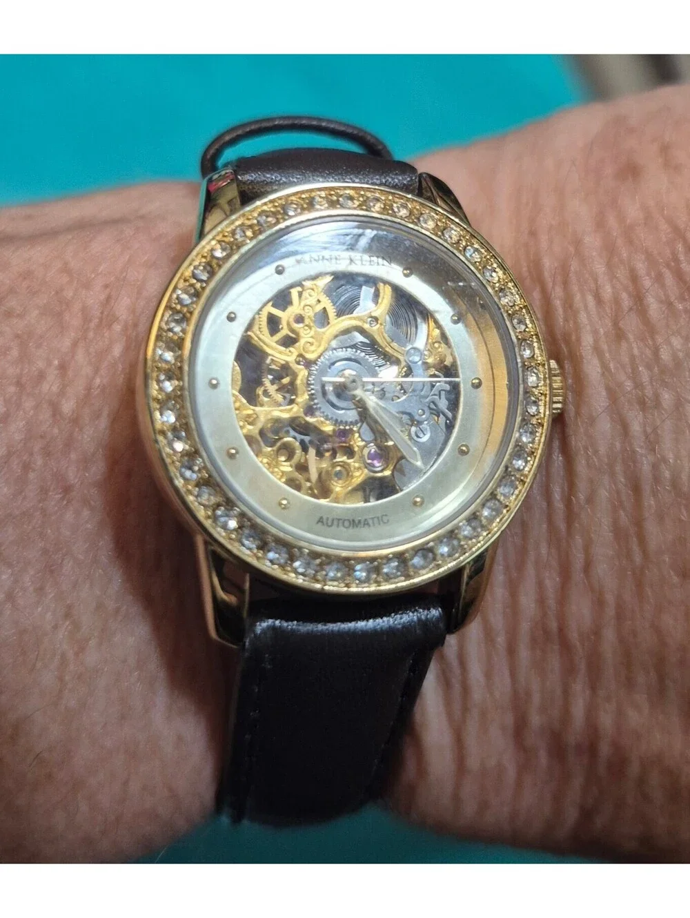 Anne Klein Gold Skeleton Automatic Watch Crystal Bezel Leather Strap